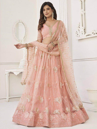 Fascinating Peach Sequin Net Bridesmaid Lehenga Choli With Dupatta